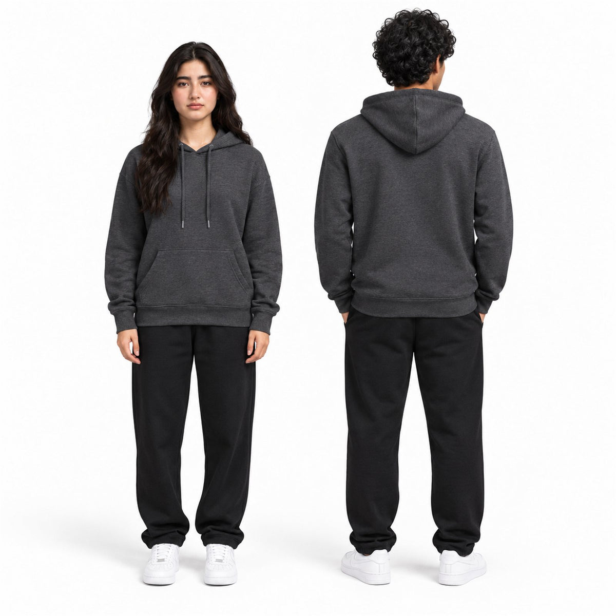 ACTYVE Charcoal Heather Hoodie - worn by models, front and back