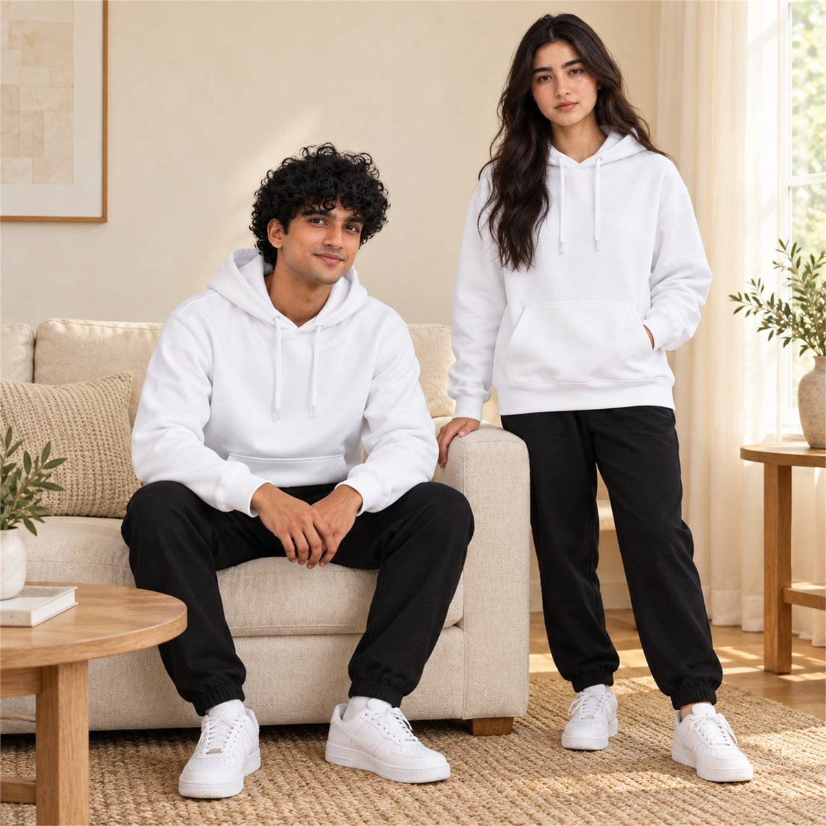 ACTYVE White Hoodie - lifestyle photo at home