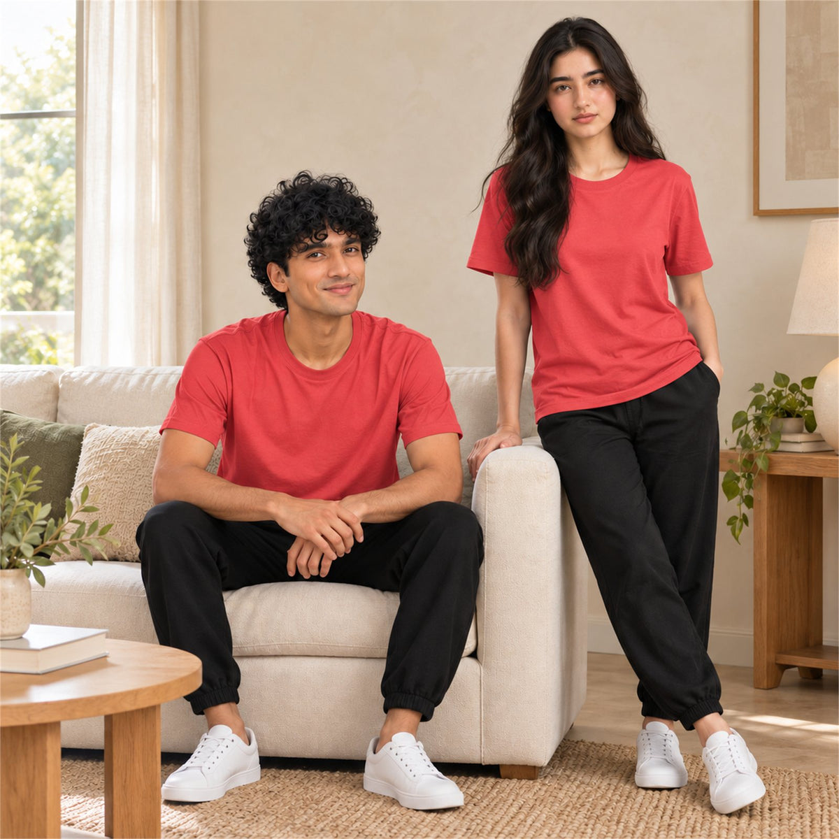 ACTYVE Coral Silk T-Shirt - lifestyle photo at home
