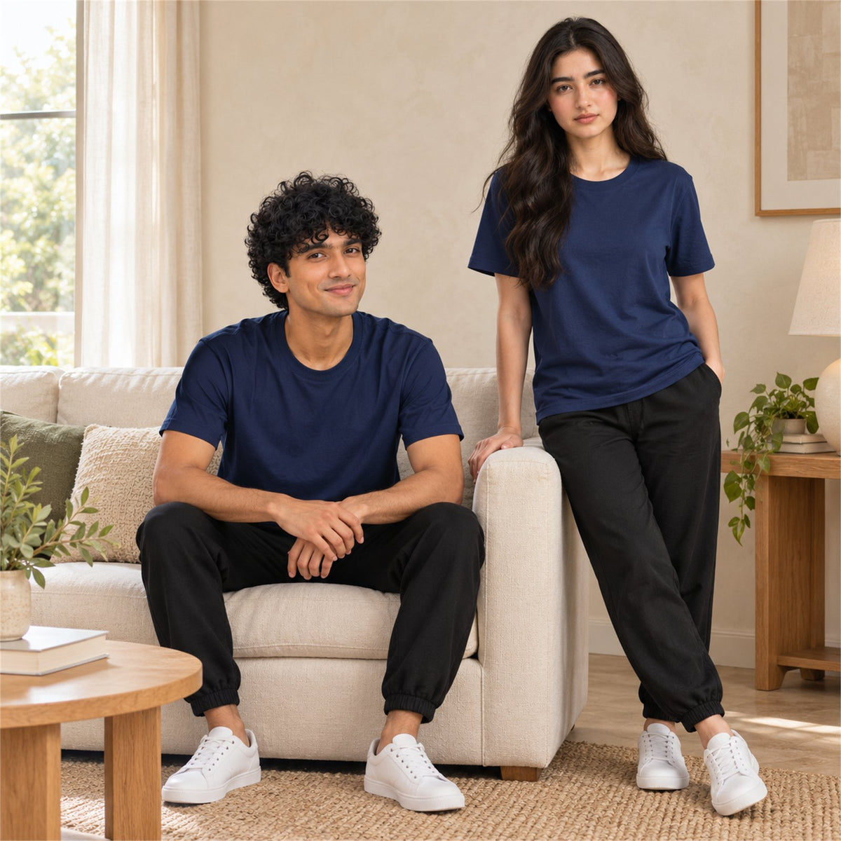 ACTYVE Solid Navy T-Shirt - lifestyle photo at home